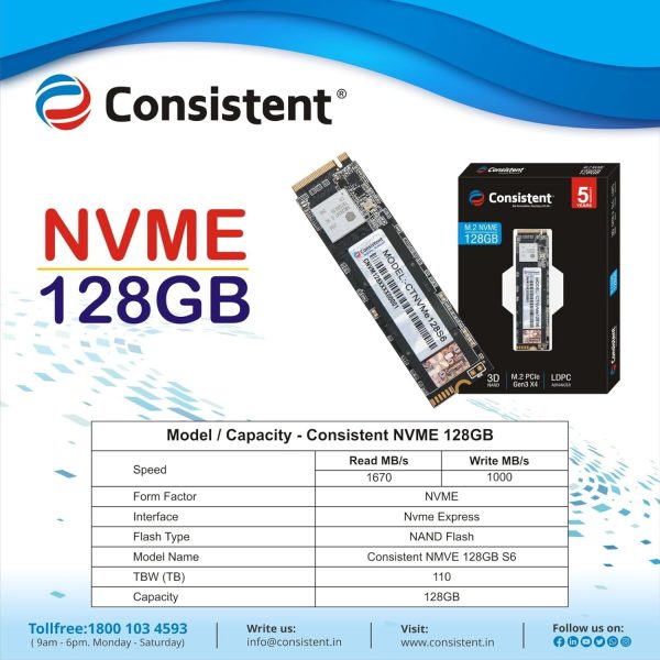 Consistent 128GB NVMe PCIe M.2 SSD 2280, 3D NAND with SLC Cache, Up to 2200MB/s, 5 Years Warranty - Image 2