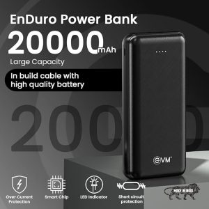 EVM Enduro Power Bank 20,000mAh - Portable Charger with in-Built Micro USB, Type-C & iPhone Cable - Compatible with All Smartphones - Metallic Black - 6 Month Warranty (EVM-P0101)