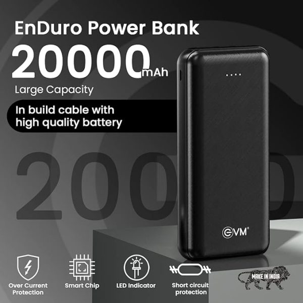 EVM Enduro Power Bank 20,000mAh - Portable Charger with in-Built Micro USB, Type-C & iPhone Cable - Compatible with All Smartphones - Metallic Black - 6 Month Warranty (EVM-P0101)