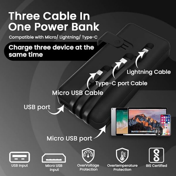 EVM Enduro Power Bank 20,000mAh - Portable Charger with in-Built Micro USB, Type-C & iPhone Cable - Compatible with All Smartphones - Metallic Black - 6 Month Warranty (EVM-P0101) - Image 7