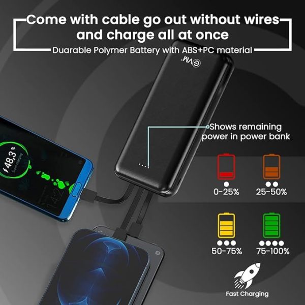 EVM Enduro Power Bank 20,000mAh - Portable Charger with in-Built Micro USB, Type-C & iPhone Cable - Compatible with All Smartphones - Metallic Black - 6 Month Warranty (EVM-P0101) - Image 6
