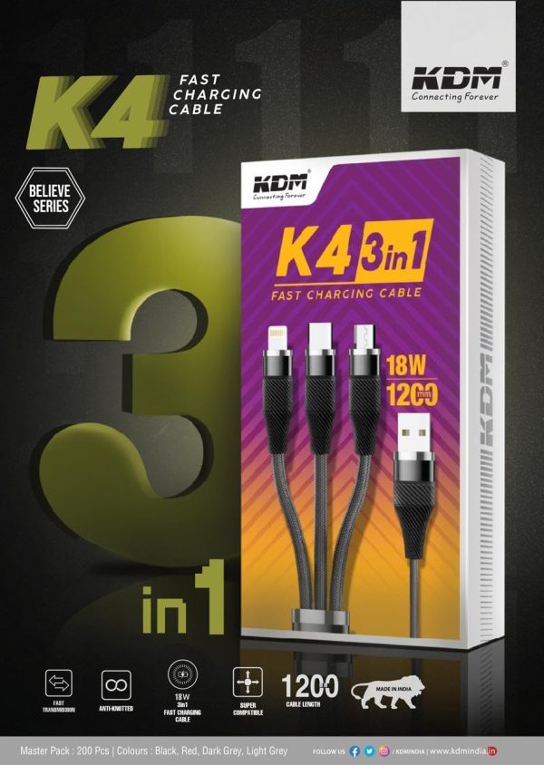 dm K4 Multifunction Fast Charging Cable For Android, Ios And Type C Devices, 3 In 1 Charging Cable, 3A, (3 Feet) - Image 2