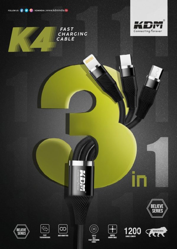 dm K4 Multifunction Fast Charging Cable For Android, Ios And Type C Devices, 3 In 1 Charging Cable, 3A, (3 Feet) - Image 3