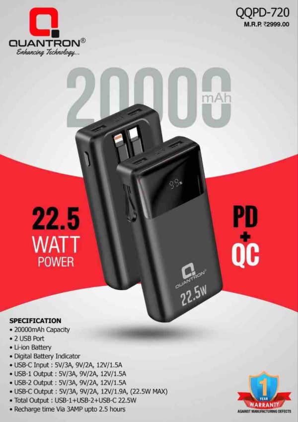 QUANTRON QQPD-710 22.5W PD 20000MAH Power Bank - 6 Month Warranty