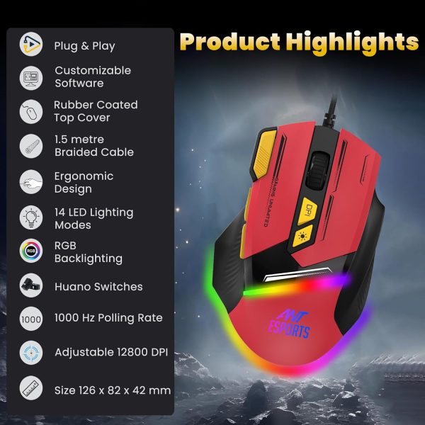 Ant Esports GM333 RGB Wired High End Optical Ergonomic Gaming Mouse with 12800 DPI 1.5M Braided Cable Comes with Latest Inbuilt Software Huano Switches with Rubber Coated Top Cover - Black/Red/Yellow - Image 3