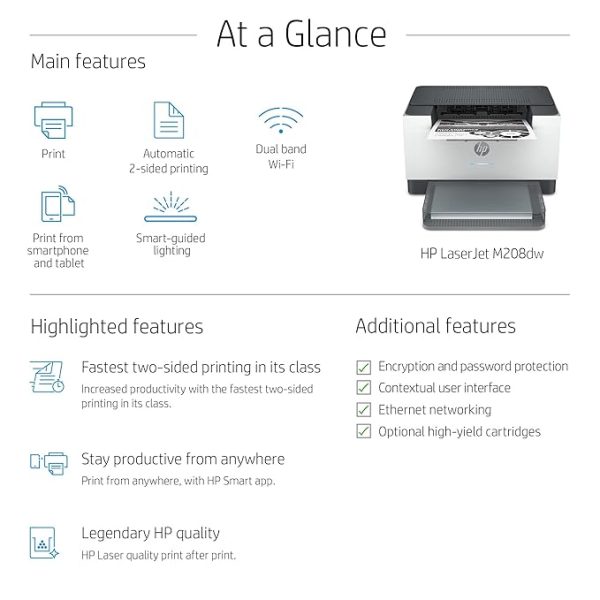 HP Laserjet M208dw Printer, Wireless, Single Function, Print, Hi-Speed USB 2.0, Ethernet,Up to 30 ppm, 150-sheet Input Tray, 100-sheet Output Tray, Black and White, 6GW64A - Image 5