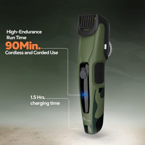 Syska HT450 90mins Corded & Cordless Beard Trimmer, Shaver and Electric Razor for Men (Apache Green) - Image 3
